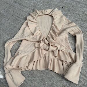 Beige Ruffle Ribbed Tie-Front Cardigan – Feminine Statement Top
